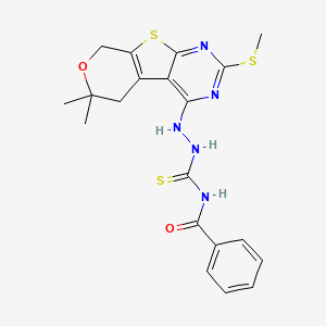 molecular formula C20H21N5O2S3 B4653076 N-({2-[6,6-dimethyl-2-(methylthio)-5,8-dihydro-6H-pyrano[4',3':4,5]thieno[2,3-d]pyrimidin-4-yl]hydrazino}carbonothioyl)benzamide 