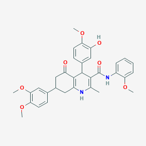 molecular formula C33H34N2O7 B4653889 7-(3,4-dimethoxyphenyl)-4-(3-hydroxy-4-methoxyphenyl)-N-(2-methoxyphenyl)-2-methyl-5-oxo-1,4,5,6,7,8-hexahydro-3-quinolinecarboxamide 