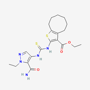 molecular formula C20H27N5O3S2 B4654100 ethyl 2-[({[5-(aminocarbonyl)-1-ethyl-1H-pyrazol-4-yl]amino}carbonothioyl)amino]-4,5,6,7,8,9-hexahydrocycloocta[b]thiophene-3-carboxylate 