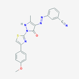 molecular formula C21H16N6O2S B465489 3-(2-{1-[4-(4-methoxyphenyl)-1,3-thiazol-2-yl]-3-methyl-5-oxo-1,5-dihydro-4H-pyrazol-4-ylidene}hydrazino)benzonitrile 