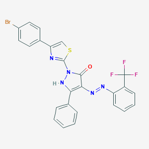 molecular formula C25H15BrF3N5OS B465498 (4Z)-2-[4-(4-bromophenyl)-1,3-thiazol-2-yl]-5-phenyl-4-{2-[2-(trifluoromethyl)phenyl]hydrazinylidene}-2,4-dihydro-3H-pyrazol-3-one 