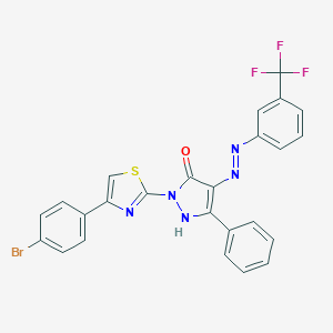 molecular formula C25H15BrF3N5OS B465499 (4Z)-2-[4-(4-bromophenyl)-1,3-thiazol-2-yl]-5-phenyl-4-{2-[3-(trifluoromethyl)phenyl]hydrazinylidene}-2,4-dihydro-3H-pyrazol-3-one 
