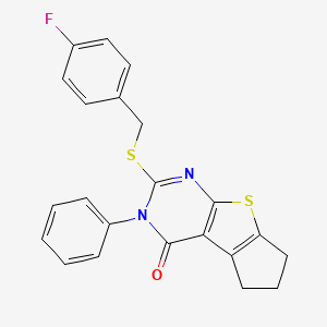 molecular formula C22H17FN2OS2 B4655244 2-[(4-fluorobenzyl)thio]-3-phenyl-3,5,6,7-tetrahydro-4H-cyclopenta[4,5]thieno[2,3-d]pyrimidin-4-one 