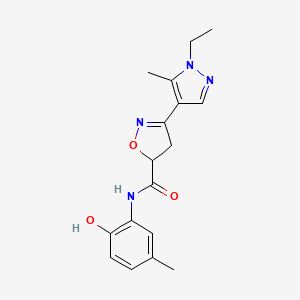molecular formula C17H20N4O3 B4655752 3-(1-ethyl-5-methyl-1H-pyrazol-4-yl)-N-(2-hydroxy-5-methylphenyl)-4,5-dihydro-5-isoxazolecarboxamide 