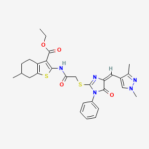 ethyl 2-{[({4-[(1,3-dimethyl-1H-pyrazol-4-yl)methylene]-5-oxo-1-phenyl-4,5-dihydro-1H-imidazol-2-yl}thio)acetyl]amino}-6-methyl-4,5,6,7-tetrahydro-1-benzothiophene-3-carboxylate