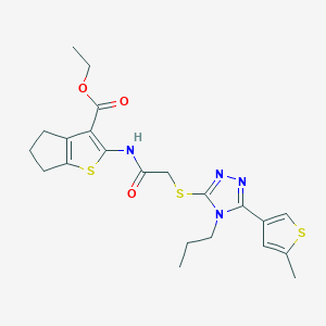 molecular formula C22H26N4O3S3 B4658691 ethyl 2-[({[5-(5-methyl-3-thienyl)-4-propyl-4H-1,2,4-triazol-3-yl]thio}acetyl)amino]-5,6-dihydro-4H-cyclopenta[b]thiophene-3-carboxylate 