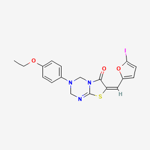 (7E)-3-(4-ETHOXYPHENYL)-7-[(5-IODOFURAN-2-YL)METHYLIDENE]-2H,3H,4H,6H,7H-[1,3]THIAZOLO[3,2-A][1,3,5]TRIAZIN-6-ONE