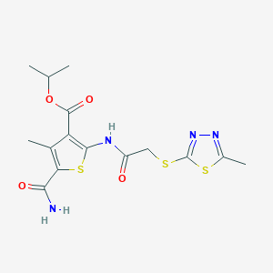 molecular formula C15H18N4O4S3 B4662611 isopropyl 5-(aminocarbonyl)-4-methyl-2-({[(5-methyl-1,3,4-thiadiazol-2-yl)thio]acetyl}amino)-3-thiophenecarboxylate 