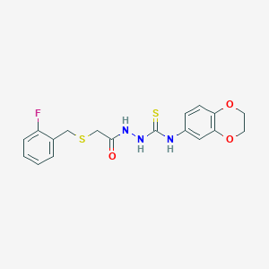 molecular formula C18H18FN3O3S2 B4666879 N-(2,3-dihydro-1,4-benzodioxin-6-yl)-2-{[(2-fluorobenzyl)thio]acetyl}hydrazinecarbothioamide 