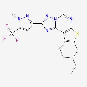 molecular formula C18H17F3N6S B4667073 9-ethyl-2-[1-methyl-5-(trifluoromethyl)-1H-pyrazol-3-yl]-8,9,10,11-tetrahydro[1]benzothieno[3,2-e][1,2,4]triazolo[1,5-c]pyrimidine 