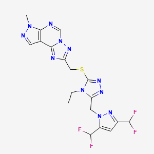 molecular formula C18H17F4N11S B4668346 2-{[(5-{[3,5-bis(difluoromethyl)-1H-pyrazol-1-yl]methyl}-4-ethyl-4H-1,2,4-triazol-3-yl)thio]methyl}-7-methyl-7H-pyrazolo[4,3-e][1,2,4]triazolo[1,5-c]pyrimidine 