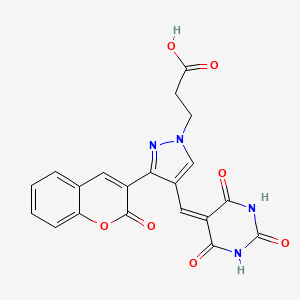 molecular formula C20H14N4O7 B4668573 3-{3-(2-oxo-2H-chromen-3-yl)-4-[(2,4,6-trioxotetrahydro-5(2H)-pyrimidinylidene)methyl]-1H-pyrazol-1-yl}propanoic acid 