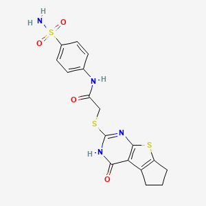 molecular formula C17H16N4O4S3 B4669267 N-[4-(aminosulfonyl)phenyl]-2-[(4-oxo-3,5,6,7-tetrahydro-4H-cyclopenta[4,5]thieno[2,3-d]pyrimidin-2-yl)thio]acetamide 