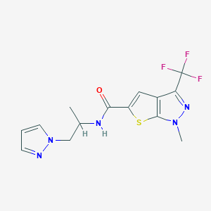 molecular formula C14H14F3N5OS B4670215 1-methyl-N-[1-methyl-2-(1H-pyrazol-1-yl)ethyl]-3-(trifluoromethyl)-1H-thieno[2,3-c]pyrazole-5-carboxamide 