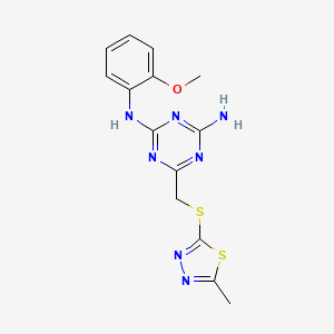 molecular formula C14H15N7OS2 B4670388 N-(2-methoxyphenyl)-6-{[(5-methyl-1,3,4-thiadiazol-2-yl)thio]methyl}-1,3,5-triazine-2,4-diamine 