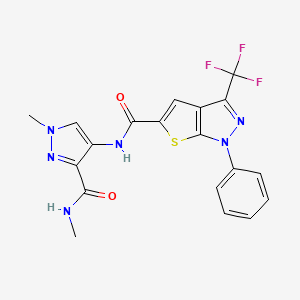 molecular formula C19H15F3N6O2S B4671283 N-{1-methyl-3-[(methylamino)carbonyl]-1H-pyrazol-4-yl}-1-phenyl-3-(trifluoromethyl)-1H-thieno[2,3-c]pyrazole-5-carboxamide 