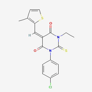 molecular formula C18H15ClN2O2S2 B4671699 1-(4-chlorophenyl)-3-ethyl-5-[(3-methyl-2-thienyl)methylene]-2-thioxodihydro-4,6(1H,5H)-pyrimidinedione 