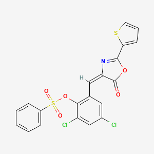 2,4-dichloro-6-{[5-oxo-2-(2-thienyl)-1,3-oxazol-4(5H)-ylidene]methyl}phenyl benzenesulfonate