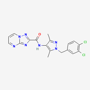 molecular formula C18H15Cl2N7O B4672641 N-[1-(3,4-dichlorobenzyl)-3,5-dimethyl-1H-pyrazol-4-yl][1,2,4]triazolo[1,5-a]pyrimidine-2-carboxamide 
