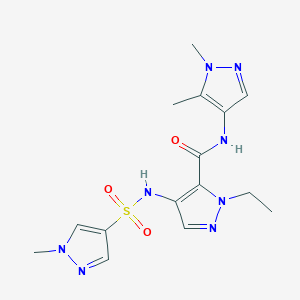 molecular formula C15H20N8O3S B4672645 N-(1,5-dimethyl-1H-pyrazol-4-yl)-1-ethyl-4-{[(1-methyl-1H-pyrazol-4-yl)sulfonyl]amino}-1H-pyrazole-5-carboxamide 