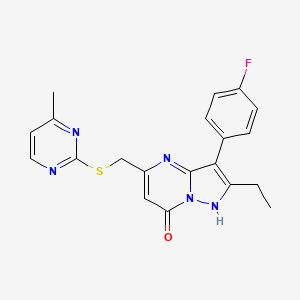 molecular formula C20H18FN5OS B4673526 2-ethyl-3-(4-fluorophenyl)-5-{[(4-methyl-2-pyrimidinyl)thio]methyl}pyrazolo[1,5-a]pyrimidin-7(4H)-one 