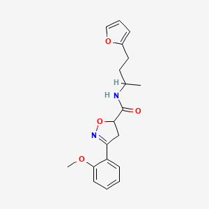 molecular formula C19H22N2O4 B4673603 N-[3-(2-furyl)-1-methylpropyl]-3-(2-methoxyphenyl)-4,5-dihydro-5-isoxazolecarboxamide 
