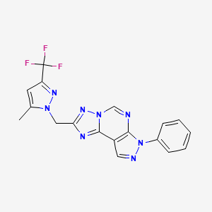 molecular formula C18H13F3N8 B4673641 2-{[5-methyl-3-(trifluoromethyl)-1H-pyrazol-1-yl]methyl}-7-phenyl-7H-pyrazolo[4,3-e][1,2,4]triazolo[1,5-c]pyrimidine 