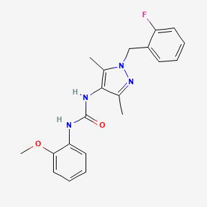 molecular formula C20H21FN4O2 B4674913 N-[1-(2-fluorobenzyl)-3,5-dimethyl-1H-pyrazol-4-yl]-N'-(2-methoxyphenyl)urea 