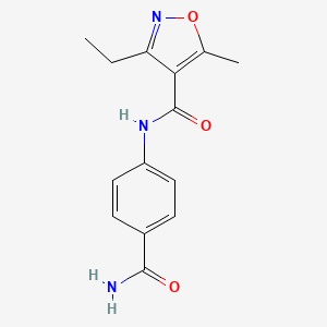 molecular formula C14H15N3O3 B4676315 N-[4-(aminocarbonyl)phenyl]-3-ethyl-5-methyl-4-isoxazolecarboxamide 