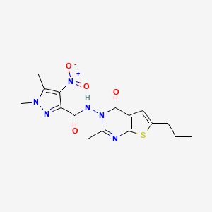 molecular formula C16H18N6O4S B4677852 1,5-dimethyl-N-(2-methyl-4-oxo-6-propylthieno[2,3-d]pyrimidin-3(4H)-yl)-4-nitro-1H-pyrazole-3-carboxamide 