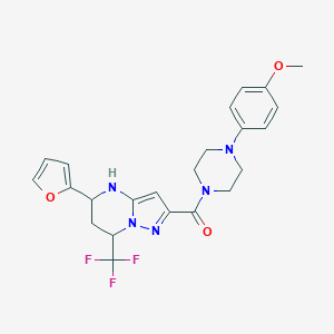 molecular formula C23H24F3N5O3 B468121 4-(4-{[5-(2-Furyl)-7-(trifluoromethyl)-4,5,6,7-tetrahydropyrazolo[1,5-a]pyrimidin-2-yl]carbonyl}-1-piperazinyl)phenyl methyl ether 
