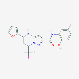 molecular formula C19H17F3N4O3 B468134 5-(furan-2-yl)-N-(2-hydroxy-5-methylphenyl)-7-(trifluoromethyl)-4,5,6,7-tetrahydropyrazolo[1,5-a]pyrimidine-2-carboxamide 