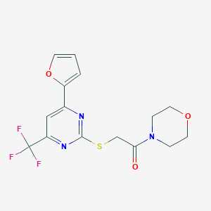 molecular formula C15H14F3N3O3S B468158 2-((4-(Furan-2-yl)-6-(trifluoromethyl)pyrimidin-2-yl)thio)-1-morpholinoethanone CAS No. 505058-51-5