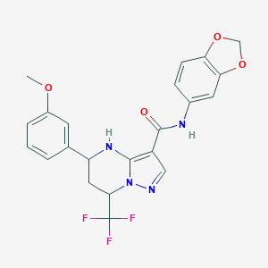 molecular formula C22H19F3N4O4 B468292 N-(1,3-benzodioxol-5-yl)-5-(3-methoxyphenyl)-7-(trifluoromethyl)-4,5,6,7-tetrahydropyrazolo[1,5-a]pyrimidine-3-carboxamide 