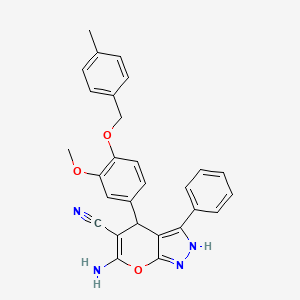 molecular formula C28H24N4O3 B4690080 6-amino-4-{3-methoxy-4-[(4-methylbenzyl)oxy]phenyl}-3-phenyl-1,4-dihydropyrano[2,3-c]pyrazole-5-carbonitrile 