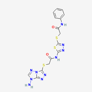 molecular formula C15H14N10O2S3 B4690255 2-[(7-amino-7H-[1,2,4]triazolo[4,3-b][1,2,4]triazol-3-yl)thio]-N-{5-[(2-anilino-2-oxoethyl)thio]-1,3,4-thiadiazol-2-yl}acetamide 