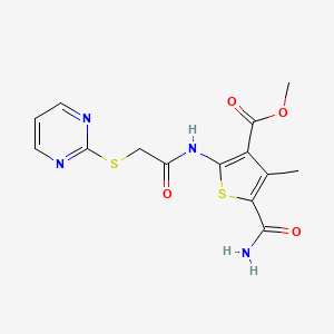 molecular formula C14H14N4O4S2 B4692760 methyl 5-(aminocarbonyl)-4-methyl-2-{[(2-pyrimidinylthio)acetyl]amino}-3-thiophenecarboxylate 