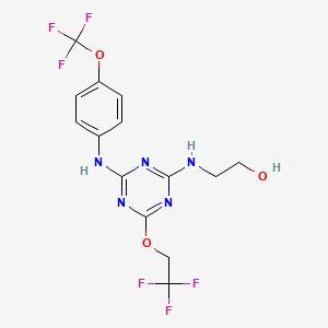 molecular formula C14H13F6N5O3 B4693367 2-[(4-(2,2,2-trifluoroethoxy)-6-{[4-(trifluoromethoxy)phenyl]amino}-1,3,5-triazin-2-yl)amino]ethanol 