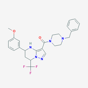 molecular formula C26H28F3N5O2 B469378 (4-Benzylpiperazin-1-yl)[5-(3-methoxyphenyl)-7-(trifluoromethyl)-4,5,6,7-tetrahydropyrazolo[1,5-a]pyrimidin-3-yl]methanone 