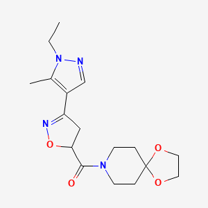 molecular formula C17H24N4O4 B4693920 8-{[3-(1-ethyl-5-methyl-1H-pyrazol-4-yl)-4,5-dihydro-5-isoxazolyl]carbonyl}-1,4-dioxa-8-azaspiro[4.5]decane 