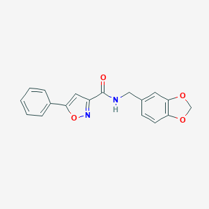 molecular formula C18H14N2O4 B469443 N-(1,3-benzodioxol-5-ylmethyl)-5-phenyl-1,2-oxazole-3-carboxamide CAS No. 712348-16-8