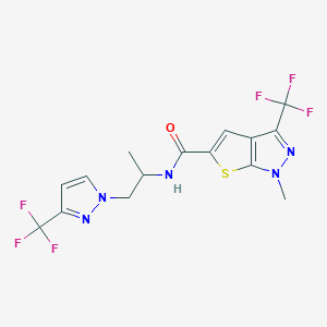 molecular formula C15H13F6N5OS B4696107 1-methyl-N-{1-methyl-2-[3-(trifluoromethyl)-1H-pyrazol-1-yl]ethyl}-3-(trifluoromethyl)-1H-thieno[2,3-c]pyrazole-5-carboxamide 