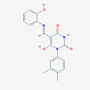 1-(3,4-Dimethylphenyl)-6-hydroxy-5-[(2-hydroxyphenyl)iminomethyl]pyrimidine-2,4-dione