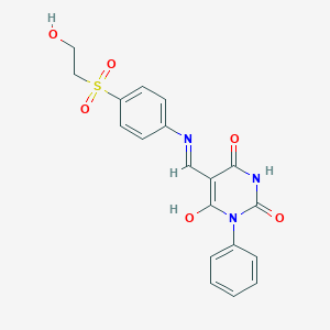 molecular formula C19H17N3O6S B469658 5-({4-[(2-hydroxyethyl)sulfonyl]anilino}methylene)-1-phenyl-2,4,6(1H,3H,5H)-pyrimidinetrione 