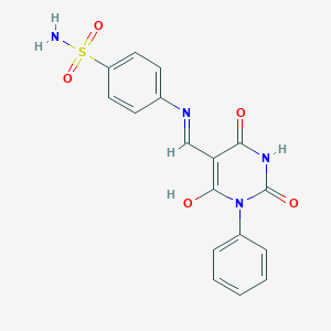 molecular formula C17H14N4O5S B469660 4-{[(2,4,6-trioxo-1-phenyltetrahydro-5(2H)-pyrimidinylidene)methyl]amino}benzenesulfonamide 