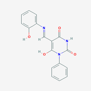 molecular formula C17H13N3O4 B469661 5-[(2-hydroxyanilino)methylene]-1-phenyl-2,4,6(1H,3H,5H)-pyrimidinetrione 