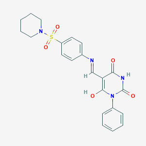 molecular formula C22H22N4O5S B469662 1-phenyl-5-{[4-(1-piperidinylsulfonyl)anilino]methylene}-2,4,6(1H,3H,5H)-pyrimidinetrione 