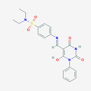 molecular formula C21H22N4O5S B469663 N,N-diethyl-4-{[(2,4,6-trioxo-1-phenyltetrahydro-5(2H)-pyrimidinylidene)methyl]amino}benzenesulfonamide 