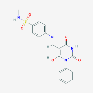 molecular formula C18H16N4O5S B469664 N-methyl-4-{[(2,4,6-trioxo-1-phenyltetrahydro-5(2H)-pyrimidinylidene)methyl]amino}benzenesulfonamide 