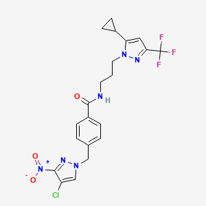 molecular formula C21H20ClF3N6O3 B4696779 4-[(4-chloro-3-nitro-1H-pyrazol-1-yl)methyl]-N-{3-[5-cyclopropyl-3-(trifluoromethyl)-1H-pyrazol-1-yl]propyl}benzamide 